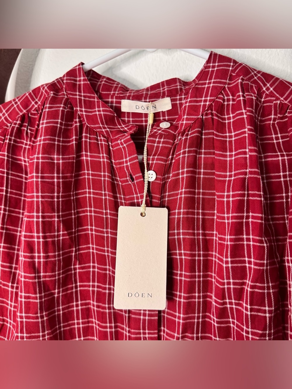 Doen NEW Holde Blouse Rouge Red Plaid Half Button Long Sleecs Top XS - Picture 3 of 5
